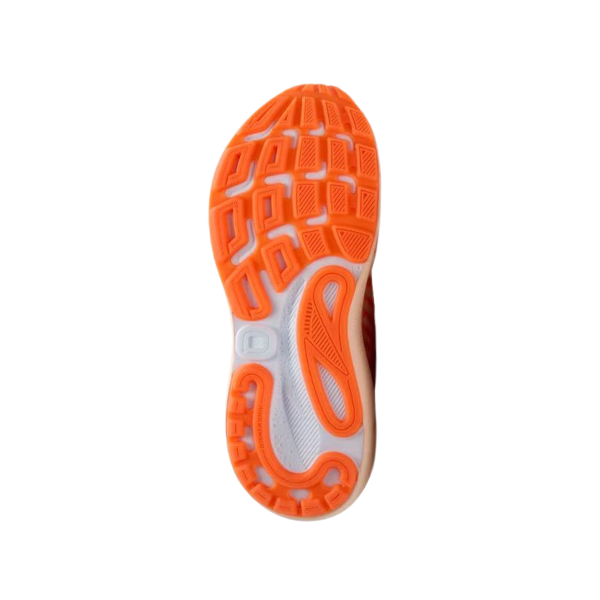 The image displays the pink, orange, and white sole of the Brooks Womens Adrenaline GTS 24 running shoe by BROOKS, featuring a textured tread for grip and flexibility with GuideRails® support, shown against a white background.