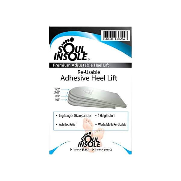 BURTEN DIST Shoe Bubbles Adjustable Heel Lift packaging shows four layered adhesive inserts. Features: adjustable height, leg length correction, foot alignment support, Achilles relief. Washable and reusable.