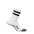 The FEETURES Unisex Elite Light Cushion Mini Crew White High Top Stripe sock features two black stripes near the top, a gray toe, light cushioning, and an anatomical design. Feetures is printed on the side and its shown angled against a white background.