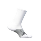 The FEETURES Unisex Elite Light Cushion Mini Crew White athletic sock, with gray cushioned sole and Targeted Compression for a better fit, is shown on an invisible foot against a white background.