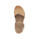 Top view of the Dansko Womens Rowan Honey Distressed sandal by DANSKO, featuring a closed toe, ankle strap with small buckle, and cork midsole, displayed on a white background.
