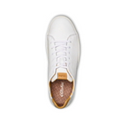 Top view of the OLUKAI Mens Lae‘ahi Lī ‘Ili Leather Sneaker in white, featuring waterproof leather, white laces, brown textured insole, and visible OLUKAI branding inside.