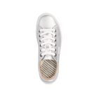 Top view of the Taos Womens Plim Soul Lux Silver sneaker by TAOS, featuring silver leather, white laces, a white sole, and a striped beige and gray insole that provides comfort and metatarsal support.