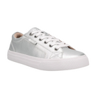 The TAOS Taos Womens Plim Soul Lux Silver is a silver leather low-top sneaker with white laces and rubber sole, seen from a front-side angle on a plain background. It offers added metatarsal support for everyday comfort and style.