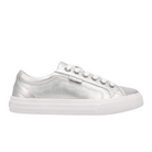 The TAOS Taos Womens Plim Soul Lux Silver is a silver metallic leather sneaker with white laces and a white rubber sole, featuring metatarsal support for comfort. Shown in side profile on a plain white background.