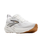 The BROOKS Womens Glycerin GTS 22 in White/Grey/Black features a gray and silver side design, white laces, a thick cushioned white sole, and a light brown rubber outsole.