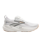 The Brooks Womens Glycerin GTS 22 in White/Grey/Black features a breathable mesh upper, gray and silver accents, light brown outsole, and DNA LOFT v3 cushioning for premium comfort with reliable support.