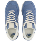 A top-down view of the New Balance Women's 574 Blue sneakers, featuring white laces and inner lining by NEW BALANCE, placed side by side on a white background.