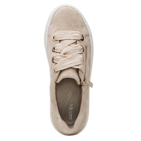 Beige sneaker with a gold zipper on a white background
