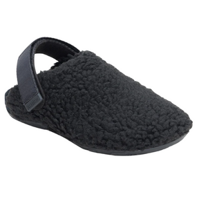 Black fuzzy slippers with a strap on a white background