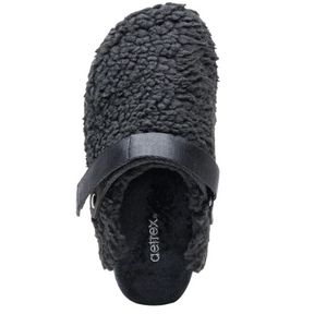 Dark gray slipper with textured surface and brand logo on a white background
