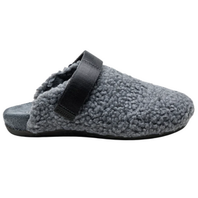 Gray slipper with fuzzy texture and black strap on a white background