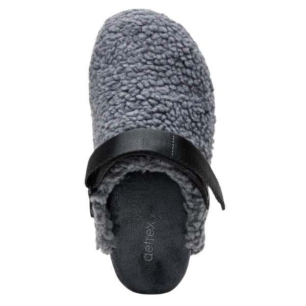Gray slipper with black interior and Deltex branding on a white background