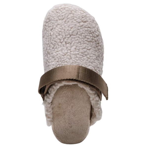 Beige slipper with fleece lining and brown strap on a white background