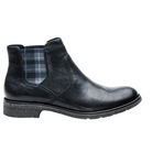 Black leather ankle boot with plaid lining on a white background