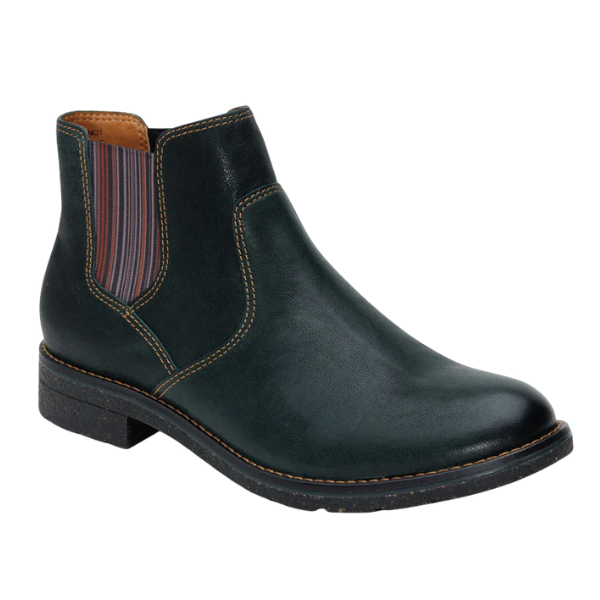 The Aetrex Women's Kaylee Green by AETREX WORLDWide INC is a green leather Chelsea boot with elastic side panels, brown stitching accents, a low block heel, and built-in arch support for comfort—ideal for those with plantar fasciitis.