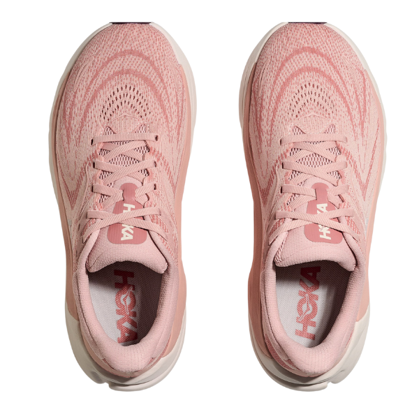 Top view of HOKA Women's Arahi 8 Blush/Rose stability shoes with white soles, knit mesh uppers, and HOKA branding—designed to help reduce overpronation.