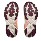 The image displays the soles of two HOKA Women's Arahi 8 Blush/Rose shoes side by side, featuring a geometric tread in deep burgundy, off-white, and tan—designed for stability and support for women with overpronation.