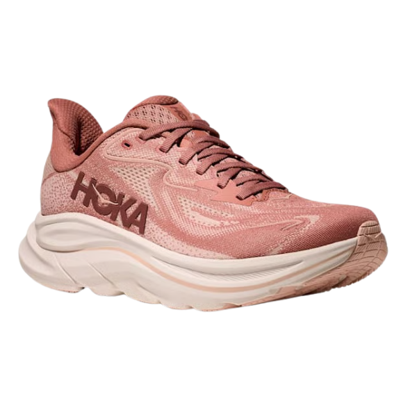 The HOKA Women's Clifton 10 Wide Blush features a pink mesh upper, thick pale sole, and side HOKA logo, shown from the front on a white background—ideal as a cushioned everyday trainer.
