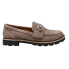 The AETREX Women's Collette Suede Taupe loafer features arch support, a taupe suede upper, silver buckle, visible stitching, and a chunky black rubber sole, shown in side profile.
