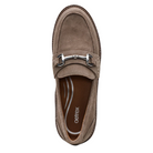The AETREX Women's Collette Suede Taupe Loafer features a taupe suede upper, silver bit detail, visible stitching, and a cushioned insole with Aetrex branding for excellent arch support.