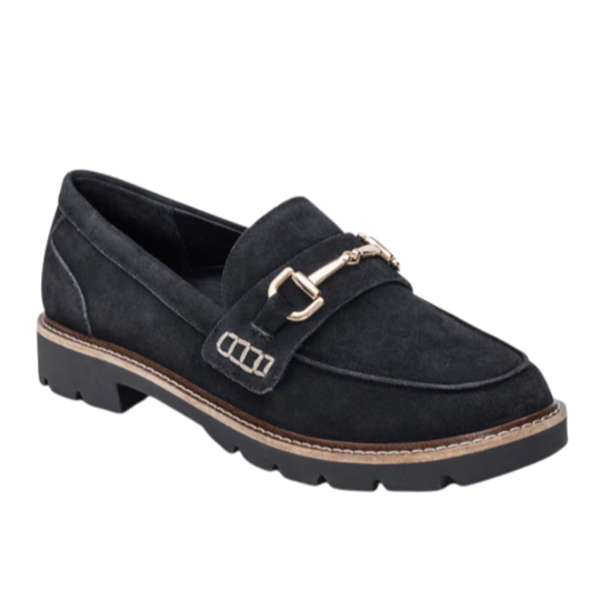 Black loafer shoe with a gold buckle on a white background
