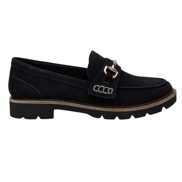 Black loafer shoe with a gold buckle on a white background
