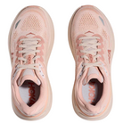 The HOKA Women's Bondi 9 Wide Rose/Latte running shoes feature light pink mesh uppers, white laces, and dark pink HOKA logos on the tongue and sides, shown from above.