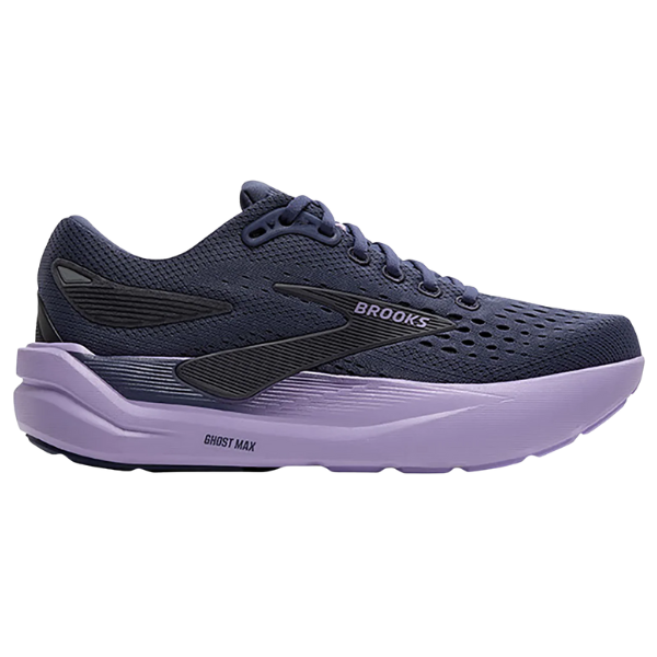 The BROOKS Women's Ghost Max 3 in Night Shadow/Ebony/Purple features a breathable mesh upper and cushioned sole, with "GHOST MAX" on the side—ideal for comfort and style on the road.