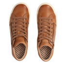 The TAOS Taos Women's Winner Caramel features brown high-top leather, tan soles, brown laces, side zippers, striped lining, and a removable footbed—shown in an overhead view.