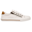 The Taos Women's Z Soul White/Tan sneakers by TAOS feature a low-top white design with a tan heel accent, white laces, side zipper, brown midsole stripe, arch support, rubber soles, and metal eyelets for comfort and style.