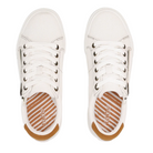 The TAOS Women's Z Soul White/Tan sneakers feature brown heel accents, striped tan and white insoles, side zippers, and lace-up fronts—comfortable footwear designed for all-day wear, shown from above.
