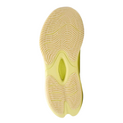 The image shows the sole of the Clarks Women's Pace Lime athleisure walking shoe by CLARKS, featuring a yellowish rubber outsole with multiple wavy, textured grooves for traction and the brand logo embossed in the center, against a white background.