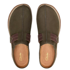 A pair of CLARKS Women's Orlene Clog slip-on shoes in Olive Combination Nubuck are shown from above on a white background, featuring visible stitching, textured nubuck uppers, and tan insoles with the CLARKS logo.