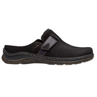 The CLARKS Women's Orlene Clog in Black Combination Nubuck features visible stitching, a low heel, a textured sole, leather upper, and a side panel with subtle branding for casual style.