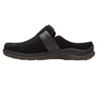 The CLARKS Women's Orlene Clog Black Combination Nubuck is a slip-on mule with a closed toe, brown stitching, textured sole, dark band detail, and low heel—ideal for casual collections.