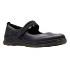 The CLARKS Orlene Jane Black Leather is a women's Mary Jane shoe with Velcro strap, rounded toe, visible stitching, comfy footbed, and textured rubber sole—ideal for casual wear.