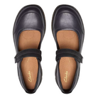 The CLARKS Women's Orlene Jane Black Leather shoes feature a rounded toe, tan cushioned insoles, a comfy footbed, and a single adjustable strap. Shown from above on a white background.