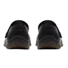 A rear view of CLARKS Orlene Jane women’s casual shoes in black leather, featuring thick soles, visible stitching, and a comfy footbed, set against a white background.