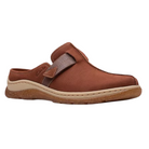 The CLARKS Women's Orlene Clog in Tan Combination Nubuck features beige stitching, a tan sole, a slightly raised heel, and a comfortable slip-on design for a relaxed fit.