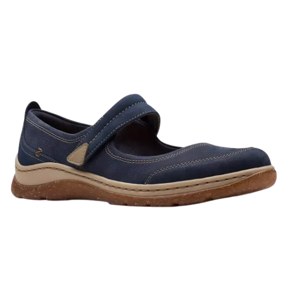 The CLARKS Women's Orlene Jane Navy Leather is a classic Mary Jane-style shoe in blue with a tan sole, hook-and-loop strap, and tan stitching—offering everyday comfort and timeless style.