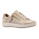The CLARKS Women's Nalle Zen Metallic is a beige metallic sneaker featuring a Contour Cushion footbed, white sole, lace-up front, gold side zipper, smooth finish, subtle perforations, and stylish stitching.