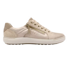 The CLARKS Women's Nalle Zen Metallic is a beige lace-up sneaker with a white sole, side zipper, and subtle perforations, featuring a Contour Cushion footbed for comfort. Shown in side profile on a white background.