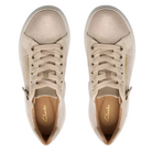 Top view of CLARKS Women's Nalle Zen Metallic sneakers with gold eyelets, side zippers, beige laces, and tan insoles featuring the CLARKS logo and Contour Cushion footbed for comfort.
