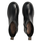 Top view of TAOS Women's Uptown Black ankle boots in leather, featuring side zippers, back pull tabs, cushioned insoles with arch support, and the taös logo.