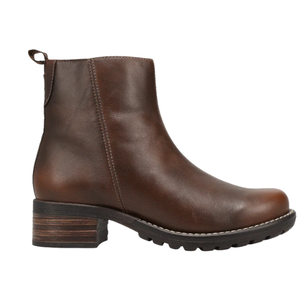 The TAOS Taos Women's Uptown Dark Brown is a brown leather ankle boot featuring arch support, a low block heel, side stitching, pull tab at the back, and a textured black rubber sole.
