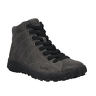 The Taos Women's Trail Mix Charcoal is a gray suede high-top sneaker with black laces, a rugged black rubber sole, TAOS branding on the side, and a supportive footbed for all-day comfort.