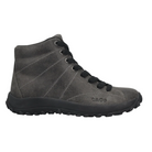 The Taos Women's Trail Mix Charcoal is a gray suede high-top sneaker with black laces, a black sole, subtle stitching details, and a supportive footbed. The TAOS brand name is embossed on the side.