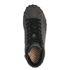 Top view of the Taos Women's Trail Mix Charcoal boot by TAOS, featuring black laces, a textured rubber sole, and a striped tan and white insole with the TAOS logo and a supportive footbed.