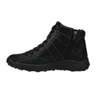 The TAOS Taos Women's Trail Mix Black is a black suede high-top sneaker with visible stitching, black laces, side zipper, and a supportive footbed, shown in a side view on a plain white background.